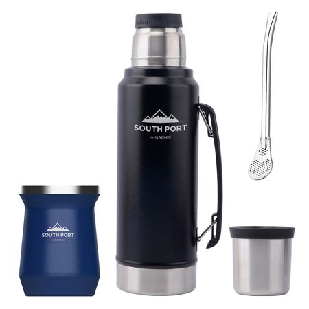 Kit de Termo Negro 1L, Mate azul y Bombilla South Port Acero Inoxidable