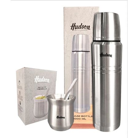 Set Hudson Acero: Mate Con Bombilla + Termo 1 Lts Acero Inox