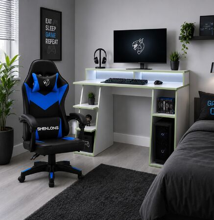 COMBO SILLA GAMER SHENLONG SH-GC135 NEGRA Y AZUL + ESCRITORIO ES0009 FIPLASTO