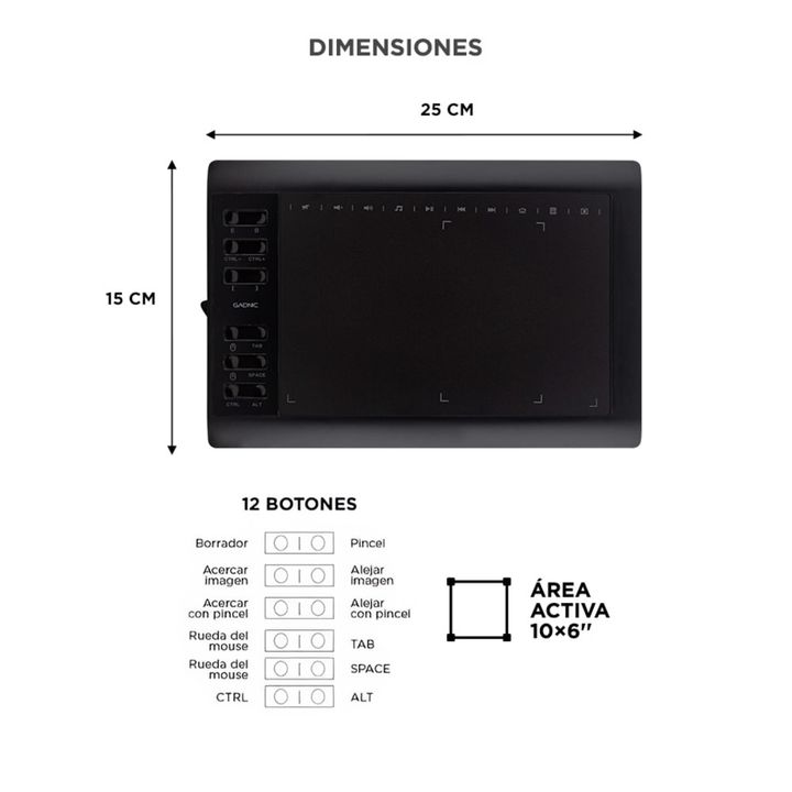 Tableta Gráfica Gadnic TBG123 10 x 6 Con 8192 Niveles De Presión Y 22 Accesos Directos - Vista 6