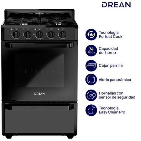 Cocina Drean 56Cm Multigas Negra Cd5602An0