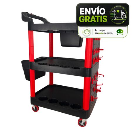Carrito Organizador para Detailing 3 Estantes con Ruedas 360° y Paneles Perforados