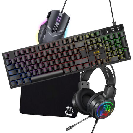 Combo Gamer Raptor Teclado Mecanico 104 teclas + Mouse RGB 7200dpi + Mouse Pad S + Auricular 3.5