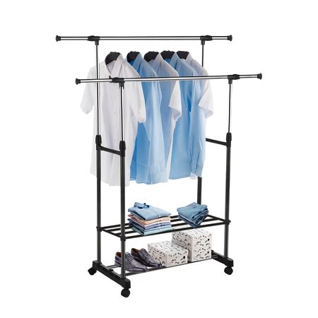 Perchero Movil Metalico Importbaires Doble Barral Con Estante + Base Para Calzado