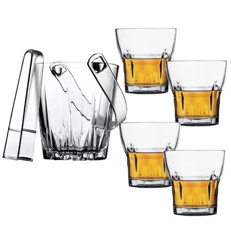 Set X 4 Vasos De Whisky + Hielera De Vidrio Con Pinza Karat