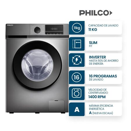 Lavarropas Philco Phlf111gn2 11 Kg Carga Frontal Inverter Gris