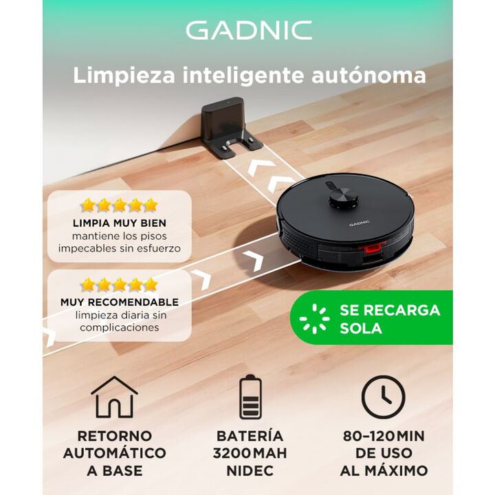 Aspiradora Robot Gadnic Láser 5000 PA Mopa App Inteligente Descarga Automática Batería 3200 mAh 120 Min de Uso - Vista 2
