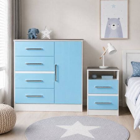 Mesa de luz y Comoda Cajonera Combo Infantil Reforzado Melamina Maximo fortaleza Celeste y Blanco