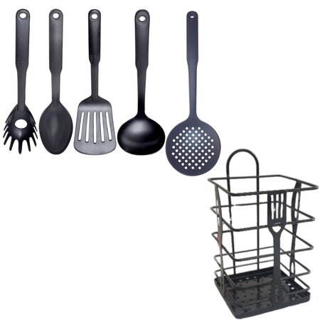 Set utensilios cocina Nylon negro x5  porta utensilios