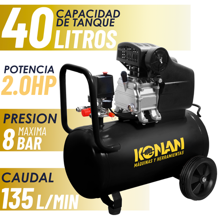 Compresor De Aire Konan 40 Lts 2hp 8 Bar 135 L/min Doble Salida Manometro Monofasico