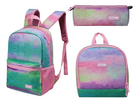 Mochila Escolar Kossok Musty + Lunchera + Cartuchera + Stick Arcoiris