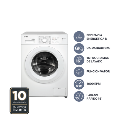 Lavarropas Automático Carga Frontal 6 kg 1000 RPM A Inverter Steam Blanco - AIAFE6010B