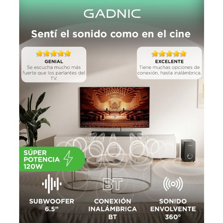 Barra de Sonido Gadnic Nova 120 21 Canales Subwoofer 65” Conexión Inalámbrica 120W - Vista 2