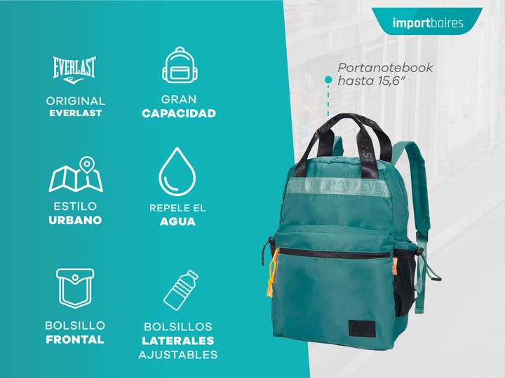 Mochila Escolar Deportiva Urbana Original Everlast Hombre Mujer Reforzada 21950 Verde - Vista 2