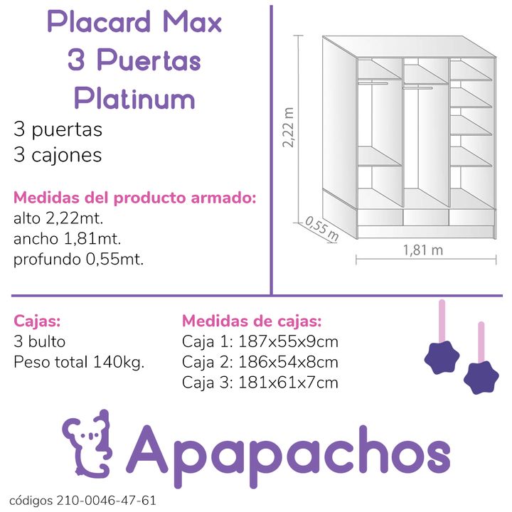 Placard Ropero Max 3 Puertas Corredizas Guardaropa Moderno 2m x 1.8m Gris Platinum - Vista 5
