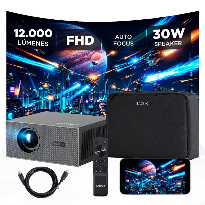 Proyector Gadnic C45 FHD 12000 Lúmenes Android TV AutoFocus AutoKeystone Bolso Transportador Cable HDMI - Vista 1