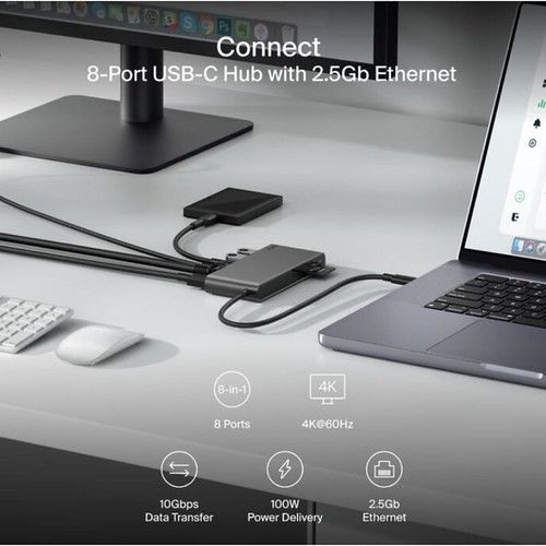 Belkin USB-C 8-in-1 Hub / 2 USB-A 10Gbps / USB-C 10Gbps / USB-C PD 3.0 100W 10Gbps/ HDMI 2.0 4K@60Hz / 2.5Gb Ethernet / SD 3.0 / microSD 3.0 - Vista 2