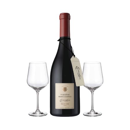 Set Vino Tinto Pequeñas Producciones Pinot Noir y 2 Copas Con Estuche