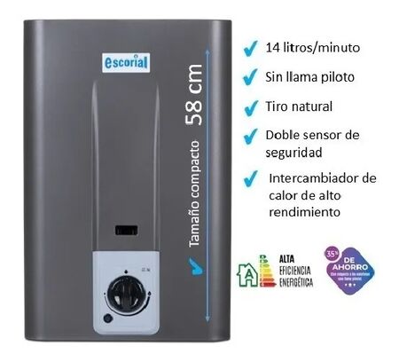 Calefon a gas ESCORIAL CE-14L 14lts gas NATURAL sin llama piloto clase A GRAFITO
