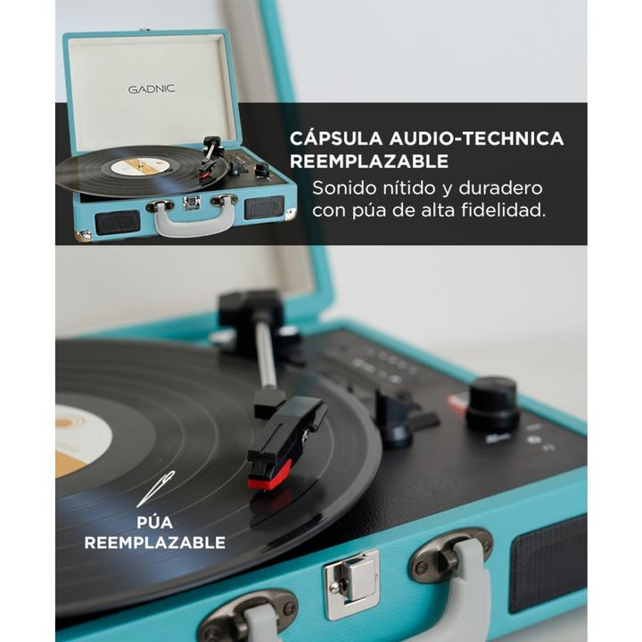 Tocadiscos Gadnic TD33 Bluetooth Portátil 3 Velocidades FM USB Aux-In RCA SD - Vista 4
