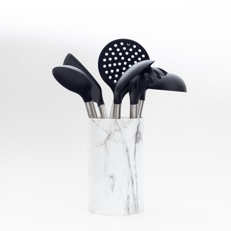 Set X 6 Utensilios Silicona Mango De Acero + Contenedor Etxe
