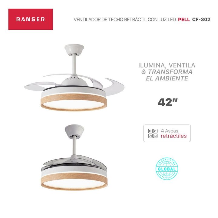 Ventilador de Techo Retractil RANSER PELL 35W Luz LED CF-302 Nordico Madera Blanco - Vista 5