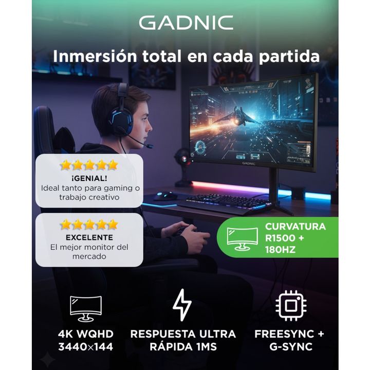 Monitor Gamer Curvo Gadnic X-Micro 34 180Hz QHD RGB - Vista 2