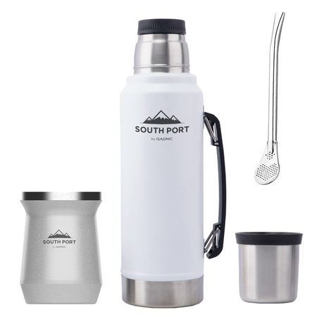 Kit de Termo Blanco 1L, Mate Blanco y Bombilla South Port Acero Inoxidable