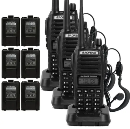 Handy Baofeng UV-82 10w Kit x3 Bi-Banda 128CH Hasta 20km + 6 Baterías y 3 Manos Libres