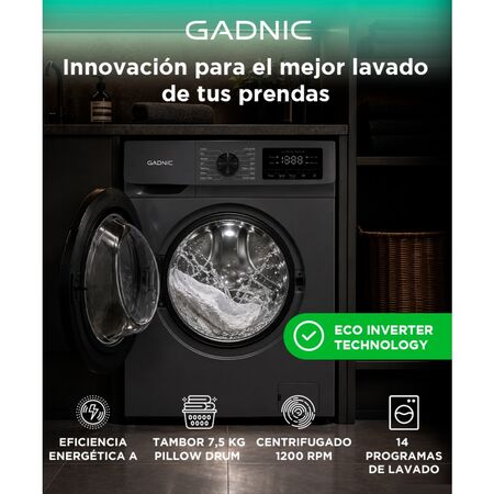 Lavarropas Automático Gadnic 7.5 Kg Tecnología Inverter 1200 RPM Carga Frontal 14 Programas Lavado Rápido 15 Min