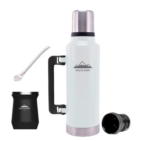 Kit de Termo Blanco de 1.3 Litros, Mate Negro y Bombilla South Port Acero Inoxidable