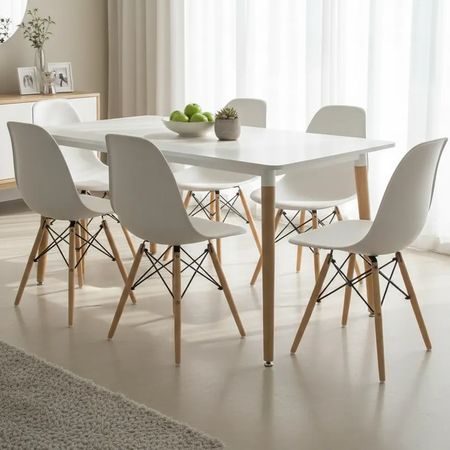 Juego De Comedor Mesa Nordica 120x80+6 Sillas Eames Blanco