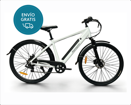 Bicicleta Electrica Nippongame Hyper - Talle Unico - Blanco - 7vel - Cuadro de aluminio bateria integrada - Frenos a discos mecanicos - Rodado 28"