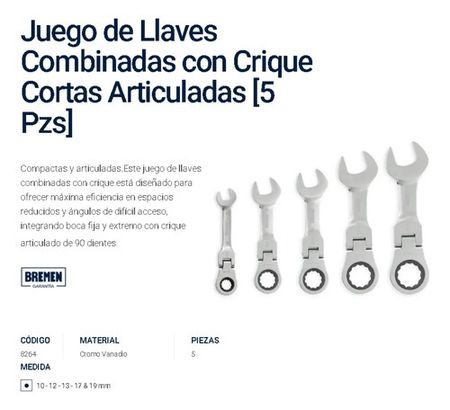 Set de 5 Llaves Combinadas Bremen Crique Corta Movil 10 a 19 Milimetros
