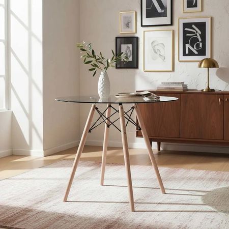 Mesa de Vidrio Eames Redonda 80 CM Patas de Madera