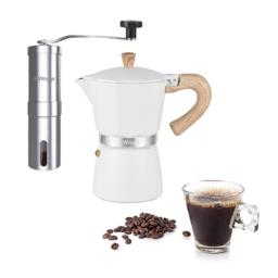 Set Cafetera Moka Italiana Más Molinillo Manual Ainox Waggs Blanco