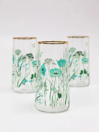 Set 6 Vasos Miuri Floral Con Borde Dorado 520 Ml Trago Largo Aqua
