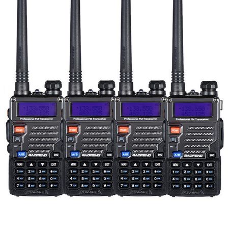 Handy Baofeng UV-5RE Kit x4 Bi-Banda 5w 128CH Hasta 10km + 8 Baterías y 4 Manos Libres