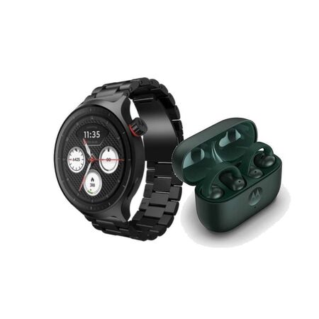 Combo Smartwatch Moto Watch 1.4 Pulgadas Acero Inox Negro + Auriculares Moto Buds Loop Verde PG38C08258-PG38C07164