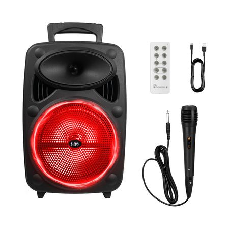 Parlante portátil T-GO inalambrico 8 pulgadas Bluetooth USB Radio FM Luces Led Microfono + Control remoto