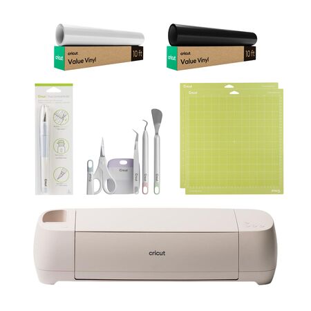 Cricut Explore 4, Tapete 12x12 STD x2, Kit 5 Herramientas Basicas, Cutter Precision, Vinilo Value Blanco Matte y Negro Matte