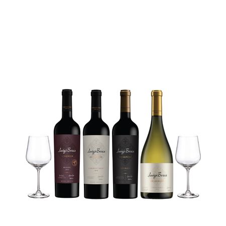 Set Vinos Tintos Luigi Bosca de Sangre Seleccion x 4 y 2 Copas Con Estuche