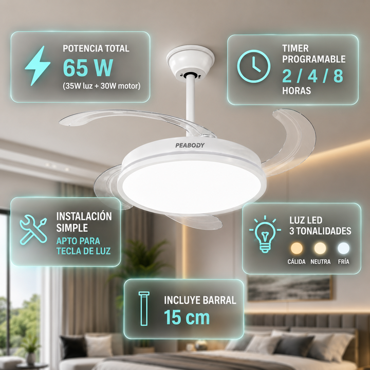 Ventilador Techo Retráctil Peabody Pe-vtrdc411b 42 Pulgadas - Vista 2