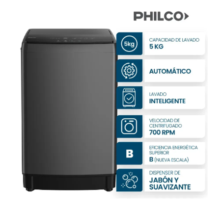 Lavarropas Philco PHLS67GN 5kg Carga Superior Gris