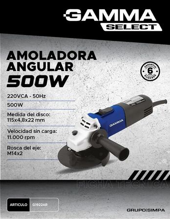 Amoladora Angular 115 Mm Modelo Gamma 500 W Azul G1922AR