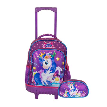 Mochila Carrito + Cartuchera Escolar Reforzada para nena Unicornio