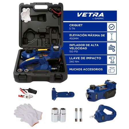 Crique Eléctrico 12v Auto VETRA By Gadnic 5 Toneladas Automático Multifunción Inflador