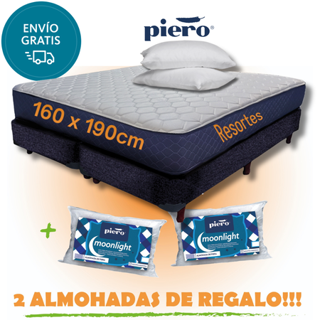 Sommier y Colchon Piero Resortes Continuos Queen Almohadas de Regalo