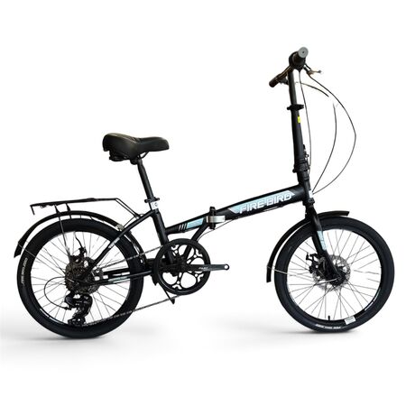 Bicicleta Plegable Fire Bird Rect _Negro-Celeste _Cuadro de acero _Freno a disco _6vel _  Rodado 20”