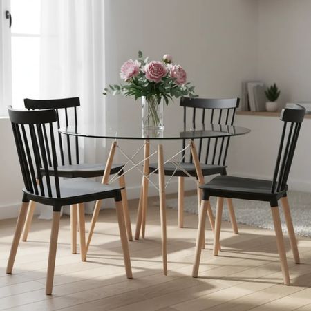 Juego De Comedor Mesa Redonda Vidrio 120 + 4 Sillas Windsor Negro